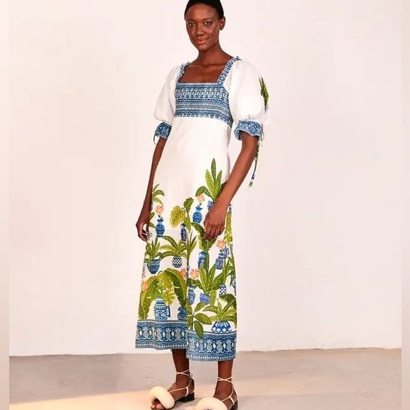 FARM Rio Dresses & Skirts - Farm Rio Vase Forest Print Smocked Maxi Dress